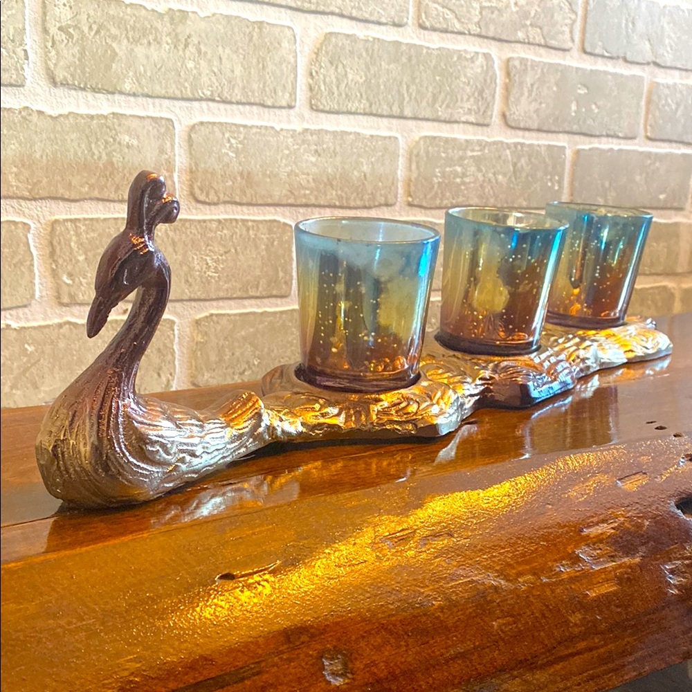 Peacock Candle Holder with Mercury Glass Cups